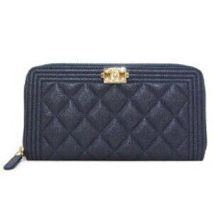 CHANEL Boy Round Zip Long Wallet Grained Calfskin Navy Blue